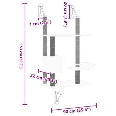 vidaXL Árvore parede p/ gatos c/ poste arranhador 153 cm cinza-claro