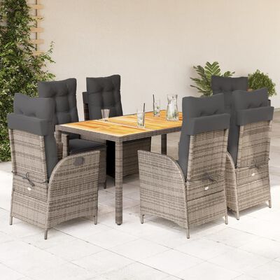 vidaXL 7 pcs conjunto de jantar p/ jardim c/ almofadões vime PE cinza