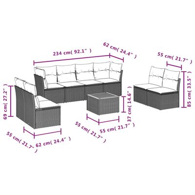vidaXL 9 pcs conjunto de sofás p/ jardim c/ almofadões vime PE preto