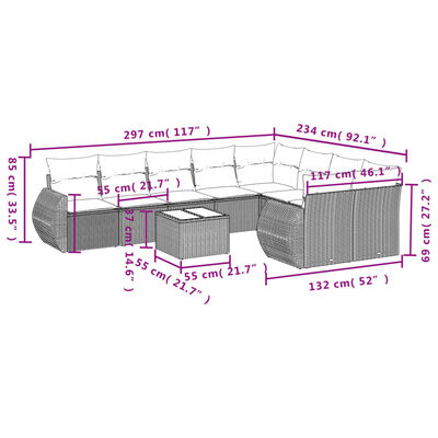 vidaXL 10 pcs conjunto sofás de jardim c/ almofadões vime PE preto