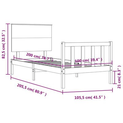 vidaXL Estrutura de cama com cabeceira 100x200 cm madeira maciça preto