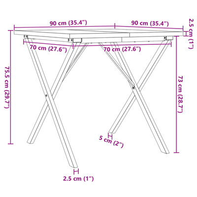 vidaXL Mesa de jantar estrutura em X 90x90x75,5 cm pinho/ferro fundido