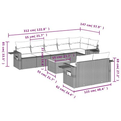 vidaXL 9 pcs conjunto de sofás p/ jardim c/ almofadões vime PE preto