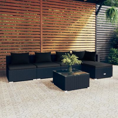 vidaXL 6 pcs conjunto lounge de jardim c/ almofadões vime PE preto