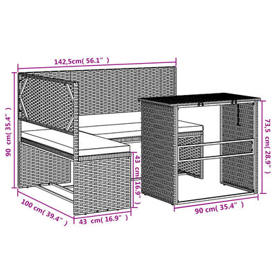 vidaXL Sofá de jardim forma de L c/ mesa e almofadões vime PE castanho