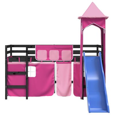 vidaXL Cama alta para criança com torre 80x200 cm pinho maciço rosa