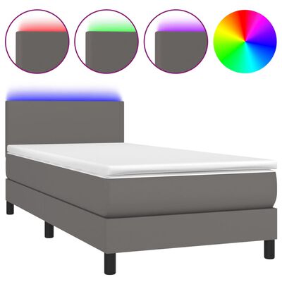 vidaXL Cama box spring c/ colchão/LED 90x190 cm couro artificial cinza