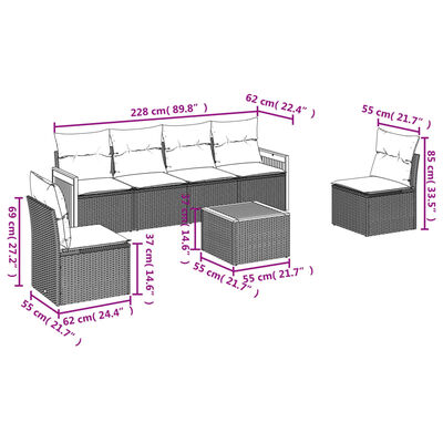 vidaXL 7 pcs conjunto de sofás p/ jardim com almofadões vime PE bege