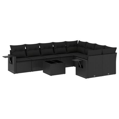 vidaXL 10 pcs conjunto sofás de jardim c/ almofadões vime PE preto