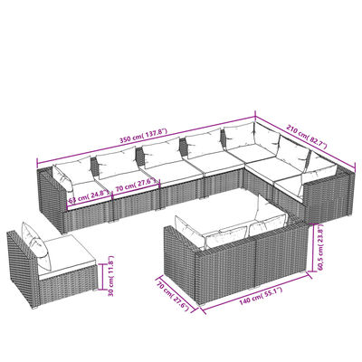 vidaXL 10 pcs conjunto lounge jardim c/ almofadões vime PE castanho