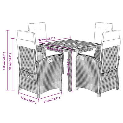 vidaXL 5 pcs conjunto de jantar p/ jardim c/ almofadões vime PE cinza