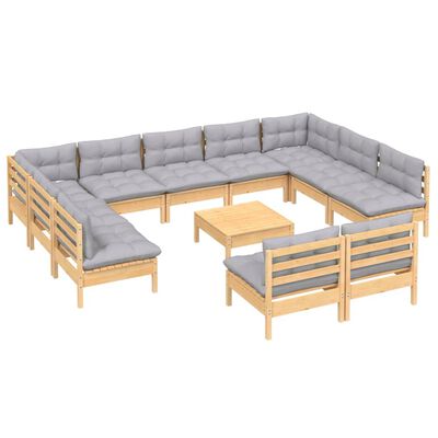 vidaXL 12pcs conjunto lounge de jardim + almofadões cinza pinho maciço