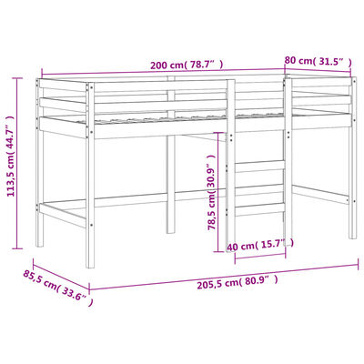 vidaXL Cama alta criança c/ túnel 80x200 cm pinho maciço branco/preto