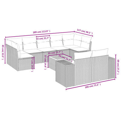 vidaXL 10 pcs conjunto de sofás p/ jardim com almofadões vime PE bege