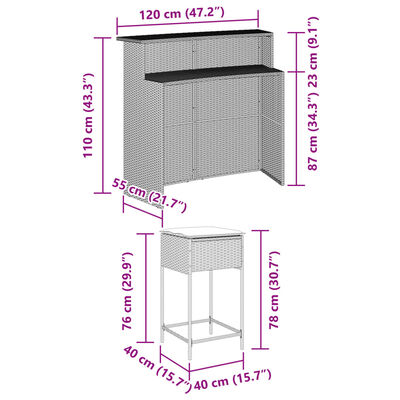 vidaXL 5 pcs conjunto de bar p/ jardim c/ almofadões vime PE cinzento