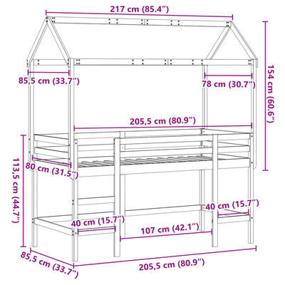 vidaXL Cama alta c/ escada e telhado 80x200 cm pinho maciço branco