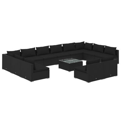 vidaXL 13 pcs conjunto lounge de jardim c/ almofadões vime PE preto