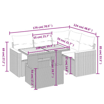 vidaXL 5 pcs conjunto sofás de jardim com almofadões vime PE preto