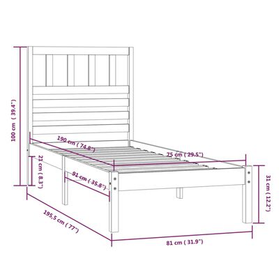 vidaXL Cama sem colchão 75x190 cm madeira de pinho maciça branco