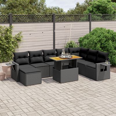 vidaXL 9 pcs conjunto de sofás p/ jardim c/ almofadões vime PE preto