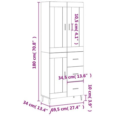 vidaXL Armário alto 69,5x34x180 cm derivados de madeira branco