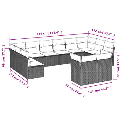 vidaXL 12 pcs conjunto de sofás de jardim c/ almofadões vime PE preto