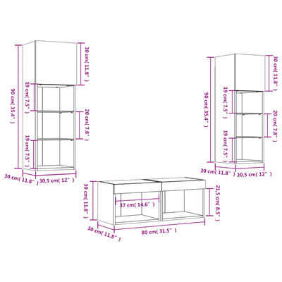 vidaXL 4 pcs móveis de parede para TV com luzes LED cinzento sonoma