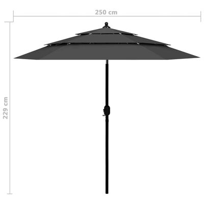 vidaXL Guarda-sol de jardim 3 camadas c/ poste alumínio 2,5m antracite