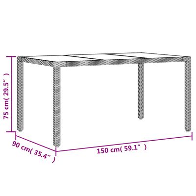 vidaXL Mesa de jardim com tampo de vidro 150x90x75 cm vime PE preto