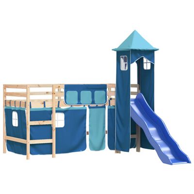 vidaXL Cama alta para criança com torre 90x200 cm pinho maciço azul