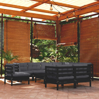 vidaXL 10 pcs conjunto lounge jardim c/ almofadões pinho maciço preto