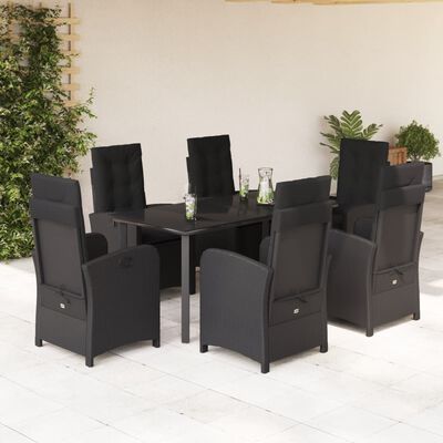 vidaXL 7 pcs conjunto de jantar p/ jardim c/ almofadões vime PE preto