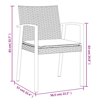 vidaXL 3 pcs conjunto de jantar p/ jardim c/ almofadões vime PE e aço