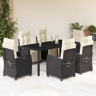 vidaXL 7 pcs conjunto de jantar p/ jardim c/ almofadões vime PE preto