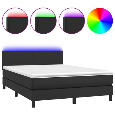 vidaXL Cama box spring c/ colchão/LED 140x200cm couro artificial preto