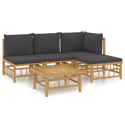 vidaXL 5 pcs conjunto lounge jardim bambu c/ almofadões cinza-escuro