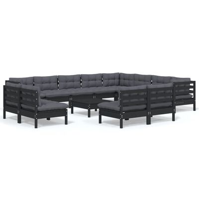 vidaXL 13 pcs conjunto lounge jardim c/ almofadões pinho maciço preto