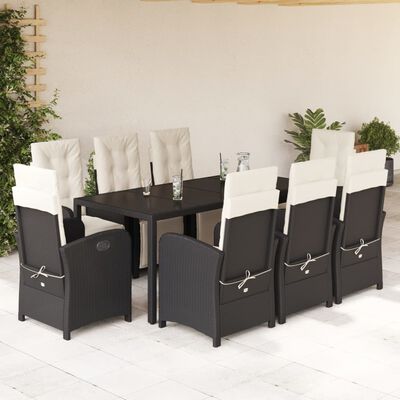 vidaXL 9 pcs conjunto de jantar p/ jardim c/ almofadões vime PE preto