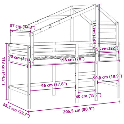 vidaXL Cama alta c/ escada e telhado 80x200 cm pinho maciço