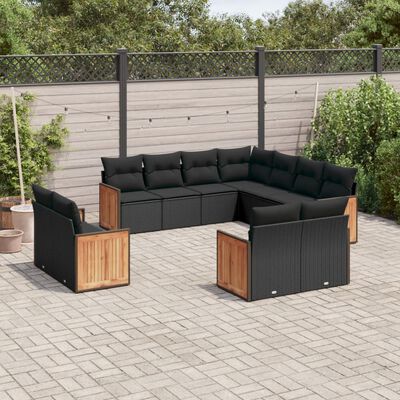 vidaXL 11 pcs conjunto sofás de jardim c/ almofadões vime PE preto