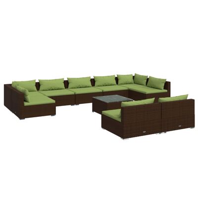 vidaXL 10 pcs conjunto lounge jardim c/ almofadões vime PE castanho