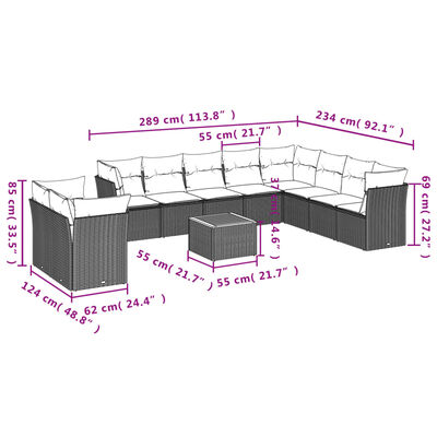 vidaXL 11 pcs conjunto sofás de jardim c/ almofadões vime PE preto