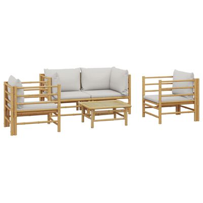 vidaXL 5 pcs conj. lounge de jardim bambu c/ almofadões cinzento-claro