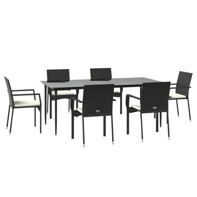 vidaXL 7 pcs conjunto de jantar p/ jardim c/ almofadões vime PE preto