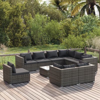 vidaXL 10 pcs conjunto lounge de jardim c/ almofadões vime PE cinzento