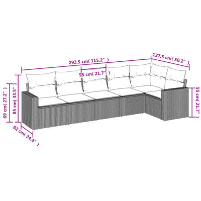 vidaXL 6 pcs conjunto de sofás jardim c/ almofadões vime PE castanho