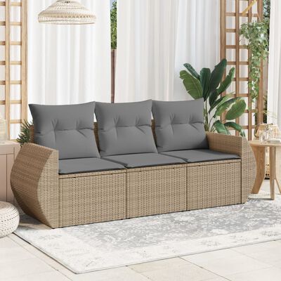 vidaXL 3 pcs conjunto de sofás p/ jardim com almofadões vime PE bege