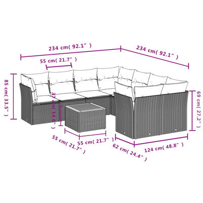 vidaXL 9 pcs conjunto de sofás p/ jardim c/ almofadões vime PE preto