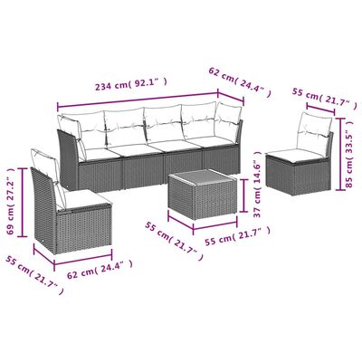 vidaXL 7 pcs conjunto de sofás p/ jardim c/ almofadões vime PE preto