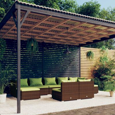 vidaXL 9 pcs conjunto lounge jardim c/ almofadões vime PE castanho